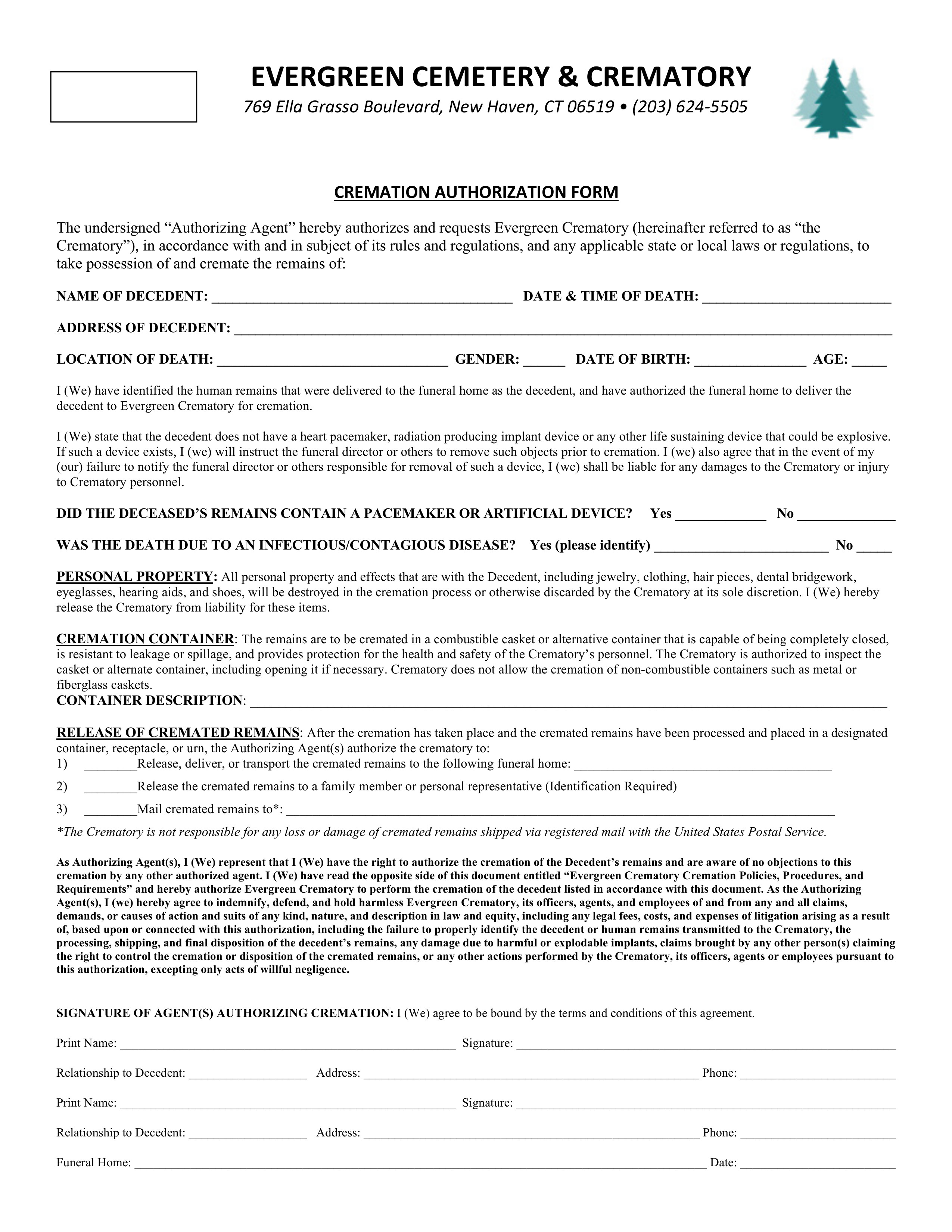 Evergreen Cremation Authorization Form PDF-1